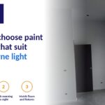 Interior room with grey walls, a dark door and a large window letting in daylight