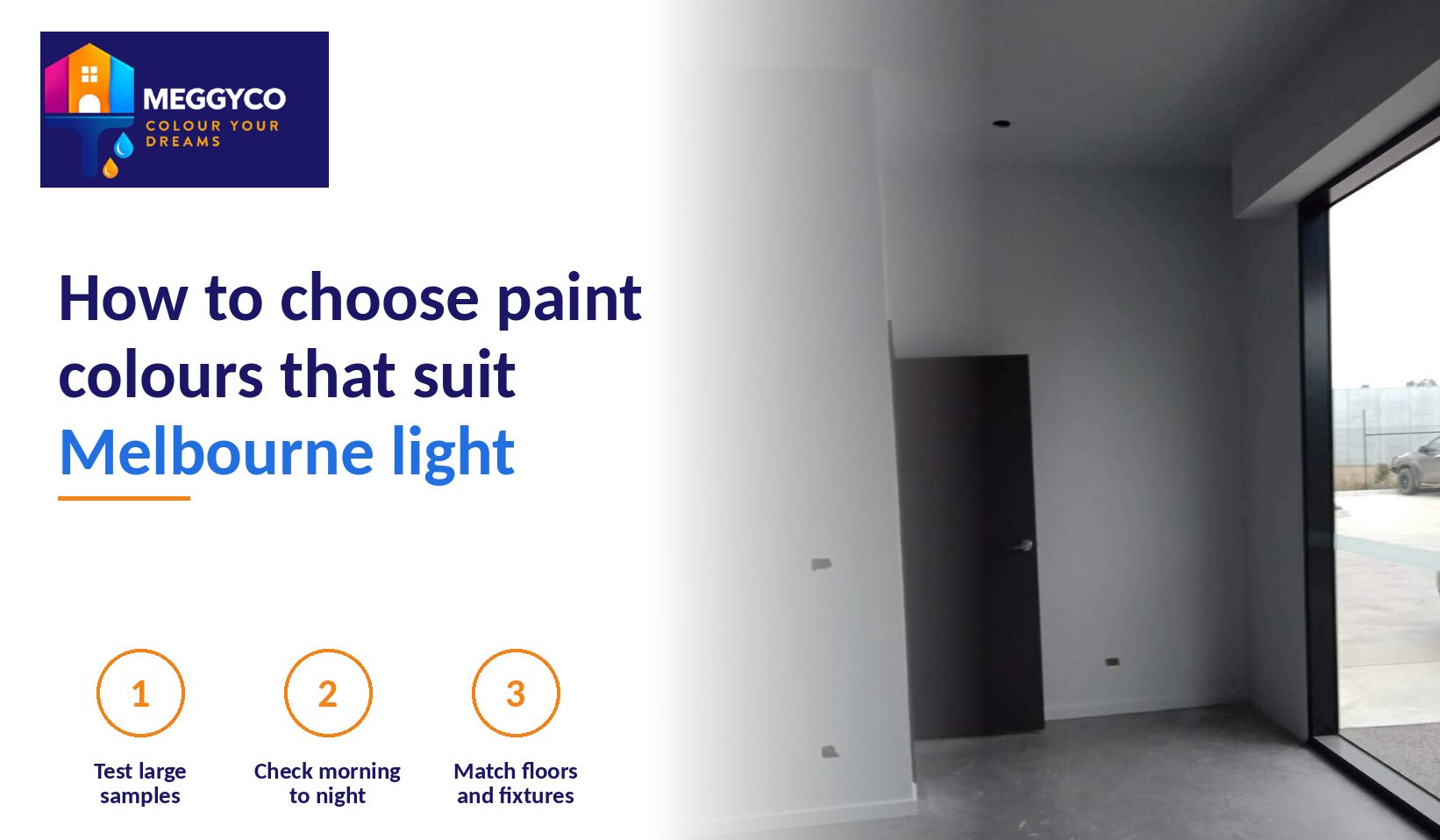 Interior room with grey walls, a dark door and a large window letting in daylight
